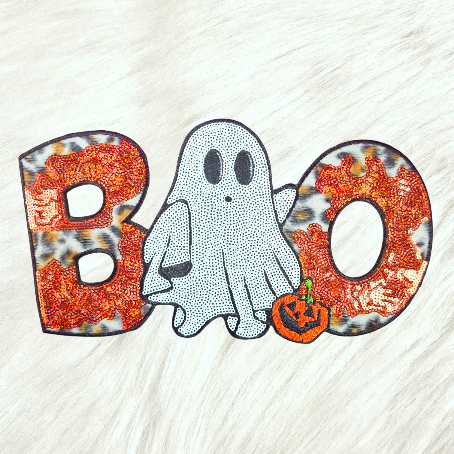 Boo Halloween Ghost Cheetah Fur Sequin Glitter Large Iron on Patch